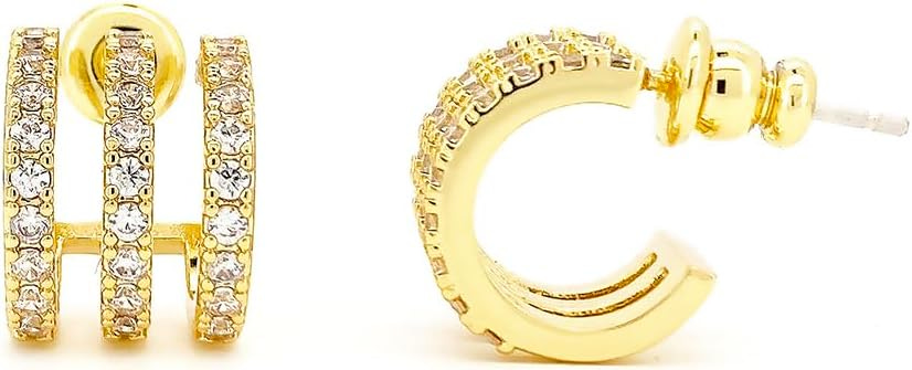 Obidos 14K Gold Plated Triple Huggie Illusion Stud Earrings | Double Huggie Hoop Earrings for One Hole | Gold Hoop Earrings for Women