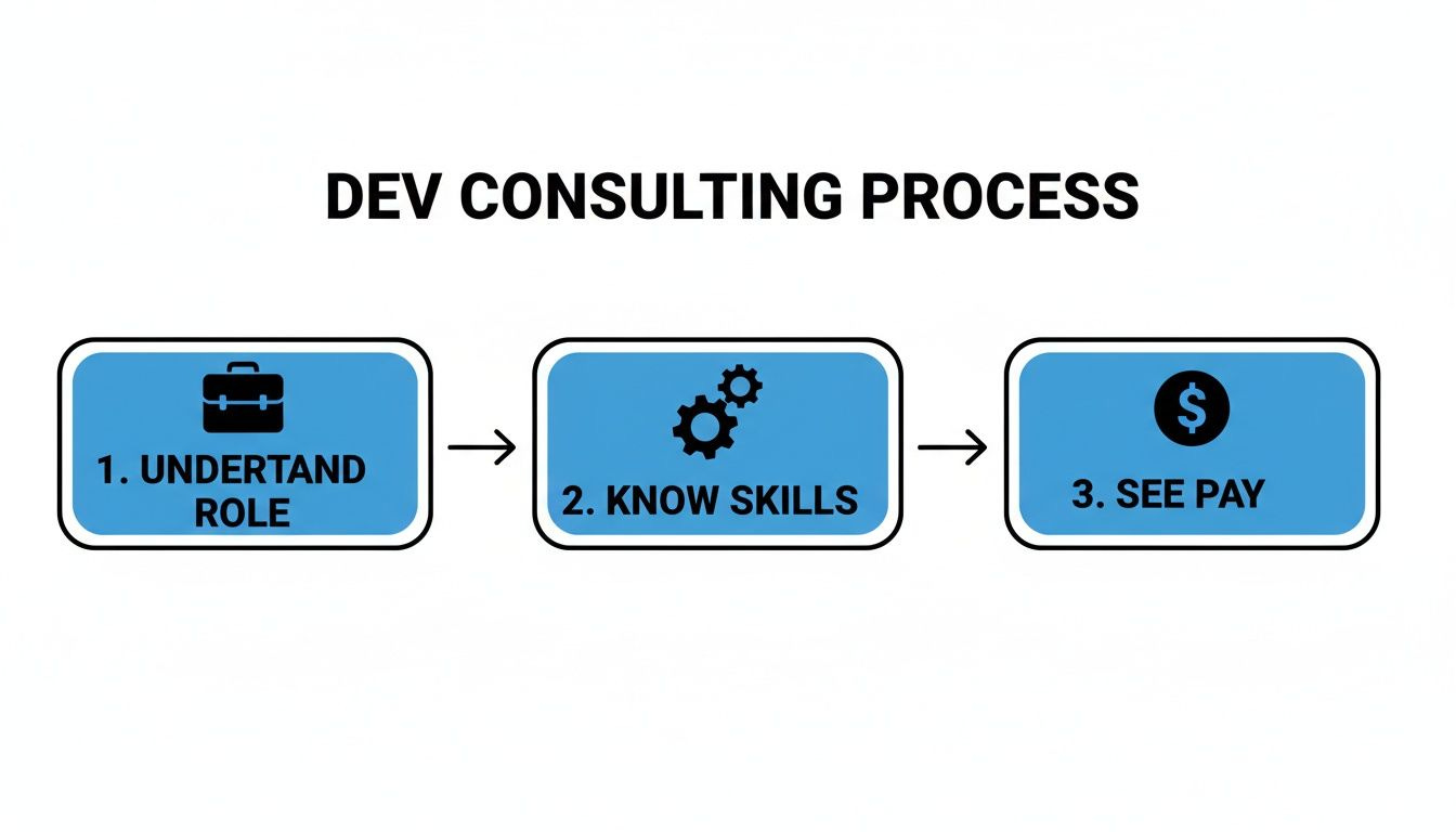 A flowchart illustrating the dev consulting process with three steps: understand role, know skills, and see pay.