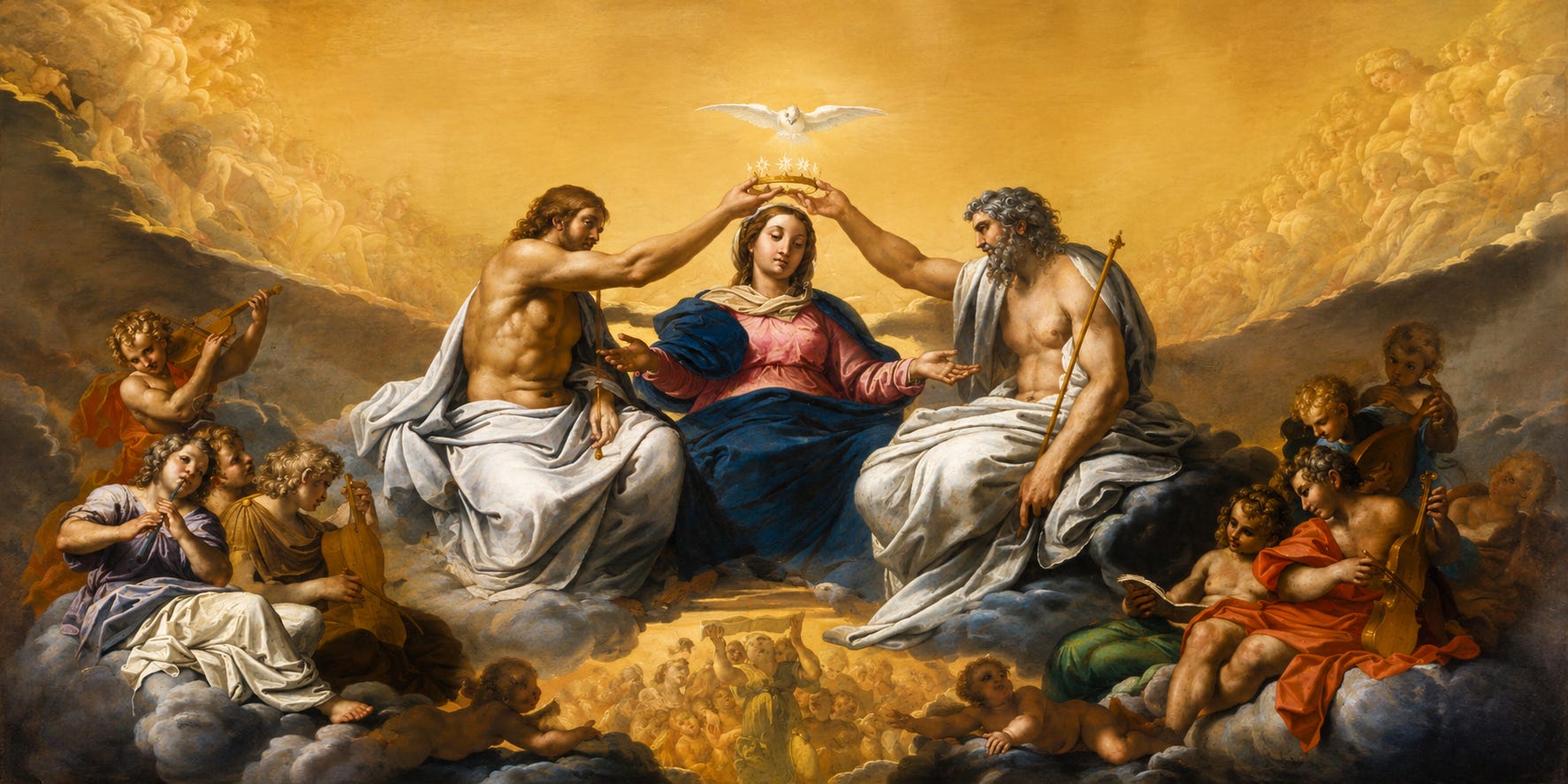 Classical painting of Mary's coronation by the Holy Trinity, surrounded by angels. Classical painting of Mary's coronation by the Holy Trinity, surrounded by angels.