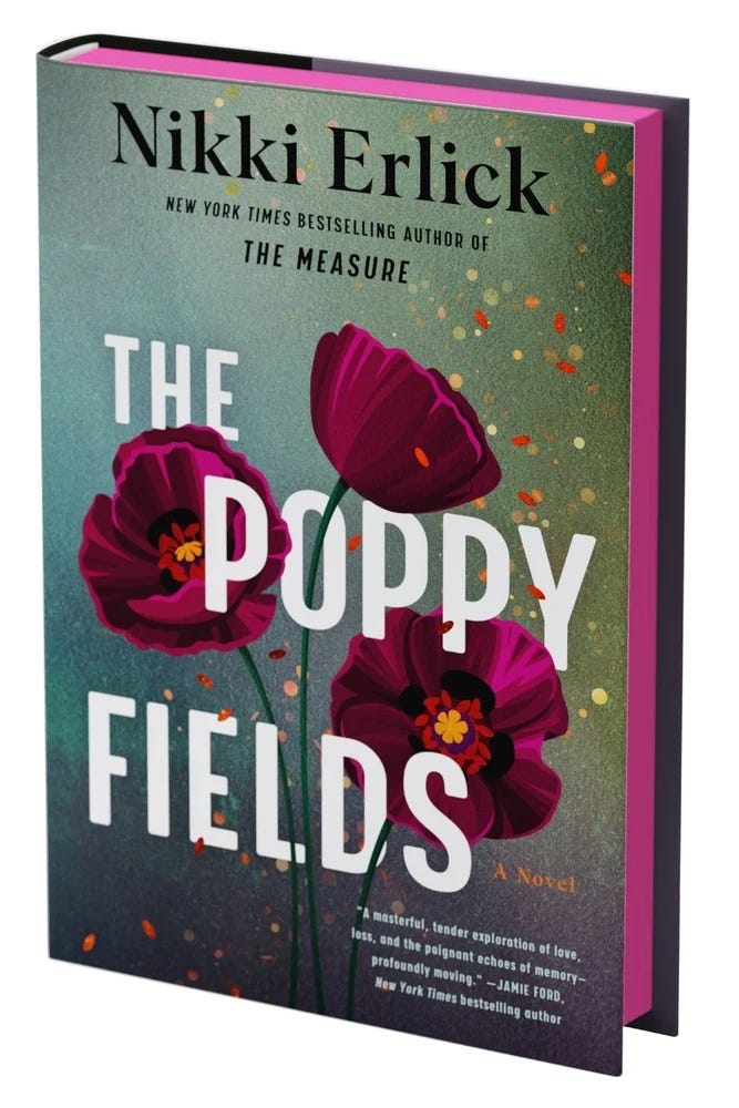 book cover of The Poppy Fields and author photo of Nikki Erlick