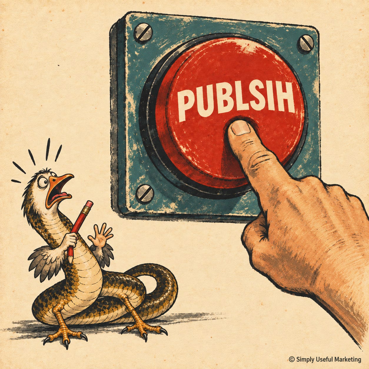 Vintage illustration of a hand pressing a large red button labeled “PUBLSIH” as a startled cobra chicken holding a pencil looks on. Vintage illustration of a hand pressing a large red button labeled “PUBLSIH” as a startled cobra chicken holding a pencil looks on.