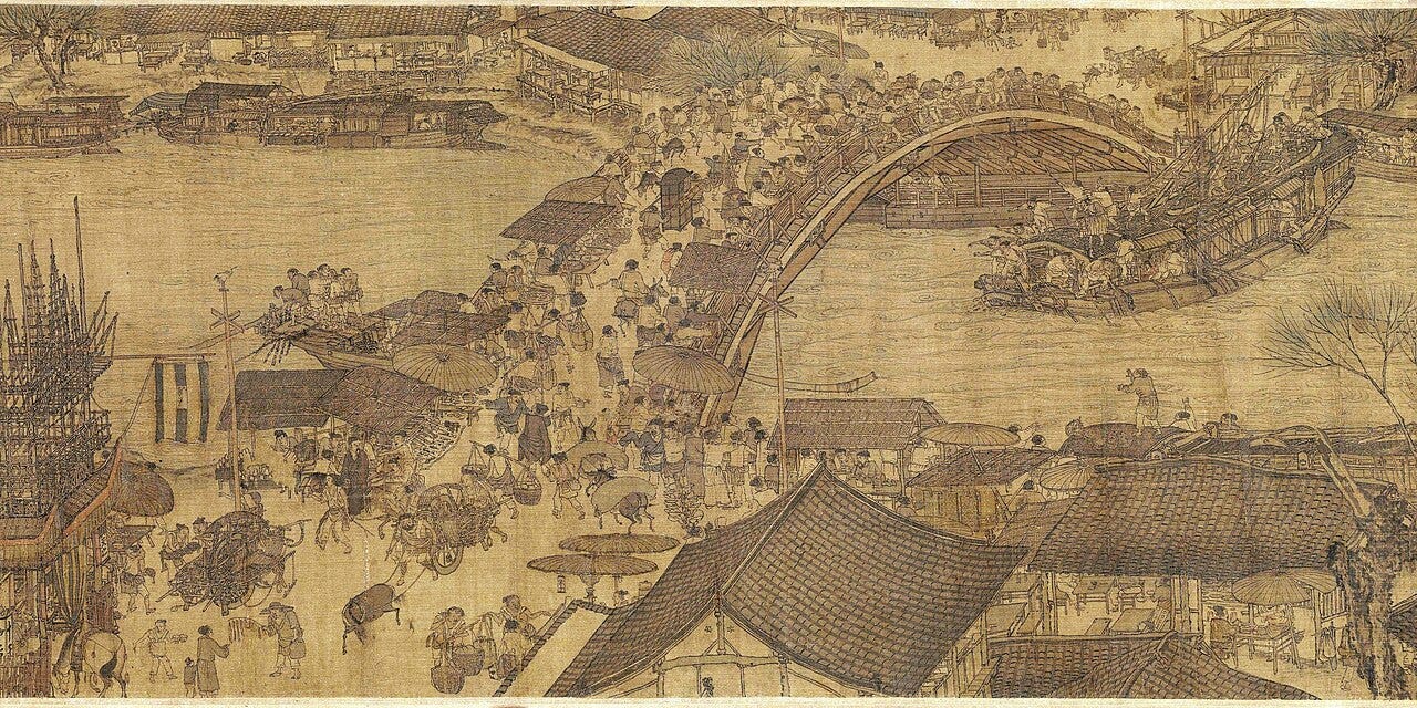 crowded Song city scene by a river crowded Song city scene by a river