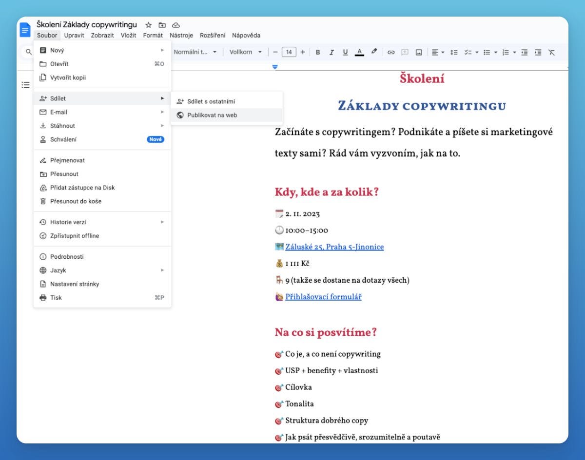 Prodejní stránku si rychle a snadno vytvoříte v Google doc.