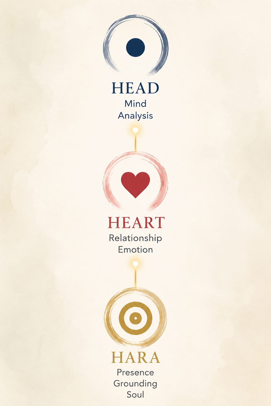 Minimalist vertical infographic illustrating the three energy centers or Dan Tiens. At the top, a blue circle labeled “Head” represents mind and analysis. In the center, a red heart labeled “Heart” represents relationships and emotion. At the bottom, a gold circular symbol labeled “Hara” represents presence, grounding, and soul. The three centers are connected by a glowing vertical line on a soft cream background.