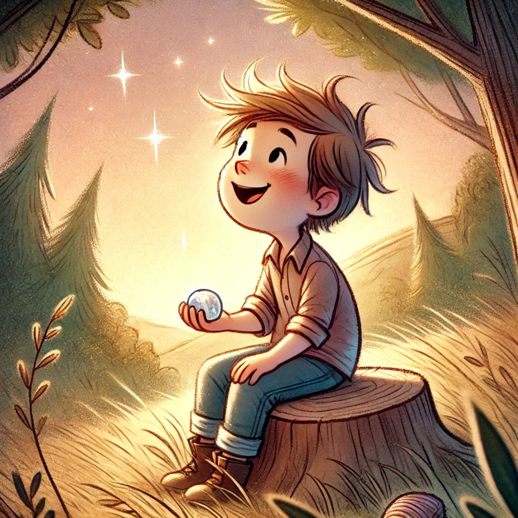 A heartwarming illustration inspired by a children's story featuring a young boy named Dylan. He is sitting on a tree stump, smiling up at the sky with a dreamy expression, holding a shiny pebble he found. The warm sunlight filters through the trees, and the stars are beginning to appear in the evening sky. A gentle breeze ruffles his hair, giving a magical, comforting feel to the scene. The image is soft, with pastel colors, capturing a peaceful moment that symbolizes his dad’s love surrounding him.