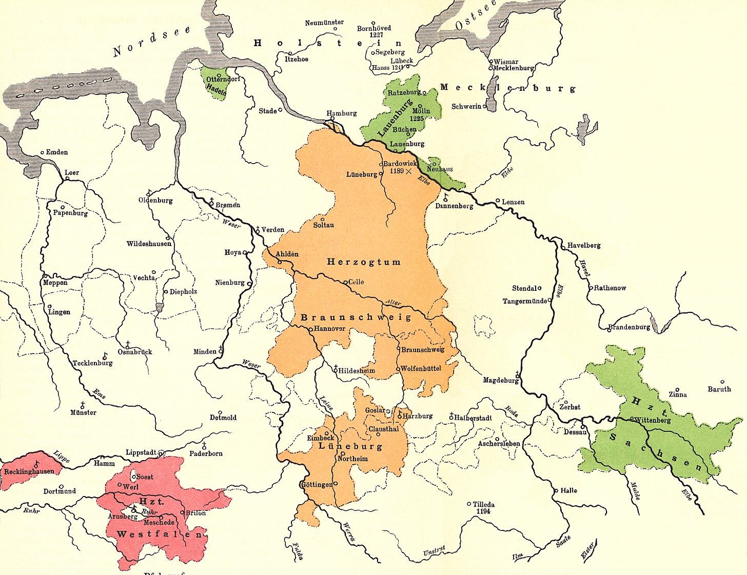 Braunschweig and Lüneburg, taken from https://de.wikipedia.org/wiki/Herzogtum_Braunschweig-L%C3%BCneburg#/media/Datei:The_Saxon_duchies_circa_1235.jpg