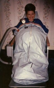 Carol Gill undergoing pre-natal abdominal decompression, May 1968