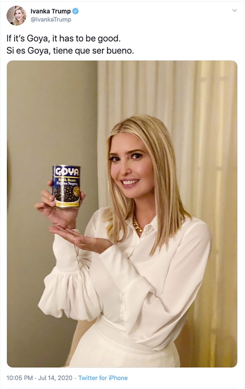 Ivanka Trump defends Goya post that watchdogs call unethical - Los ... Ivanka Trump defends Goya post that watchdogs call unethical - Los ...