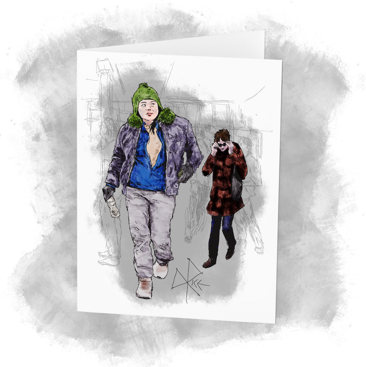 Wearing their winter outdoor clothing, two people walk through an indoor space as they head for the exit doors. Sketch art by Don Rice. Wearing their winter outdoor clothing, two people walk through an indoor space as they head for the exit doors. Sketch art by Don Rice.
