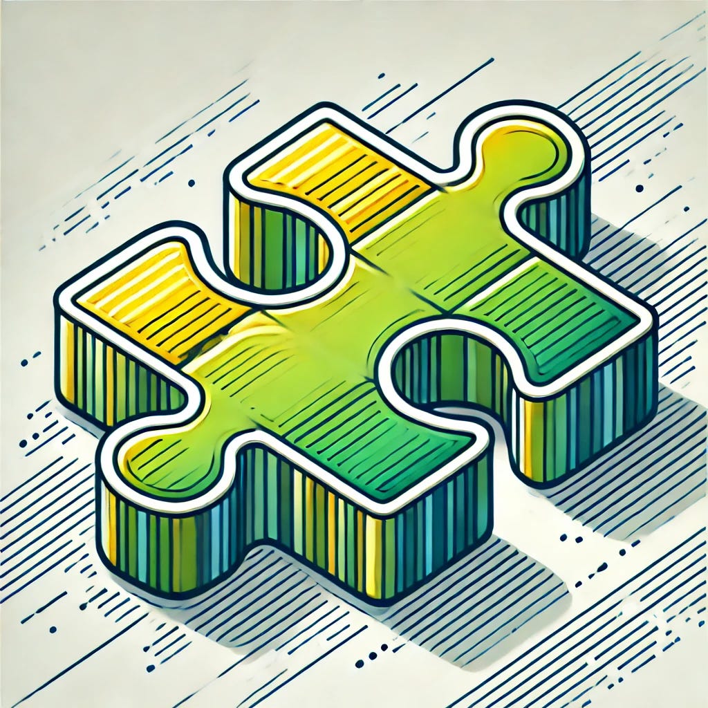 A detailed illustration of a single puzzle piece, showcasing its unique and intricate edges. The puzzle piece is brightly colored with shades of green and yellow, making it vibrant and eye-catching. The background is simple and white to enhance the focus on the puzzle piece itself. This image symbolizes individuality and the importance of a single component in a larger system.
