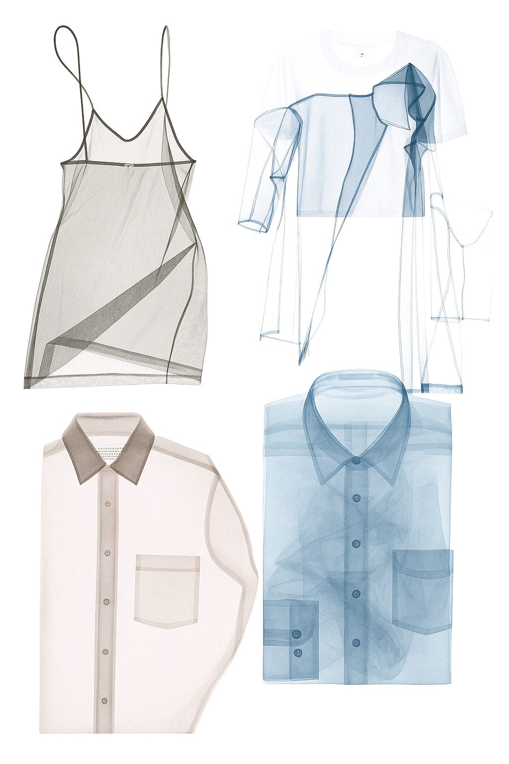 Conceptual x-ray style fashion images of translucent garments, symbolizing the essay’s theme of how personal style aligns with psychology and MBTI personality types. The visuals highlight transparency, layers, and resonance as metaphors for cognitive style choices.