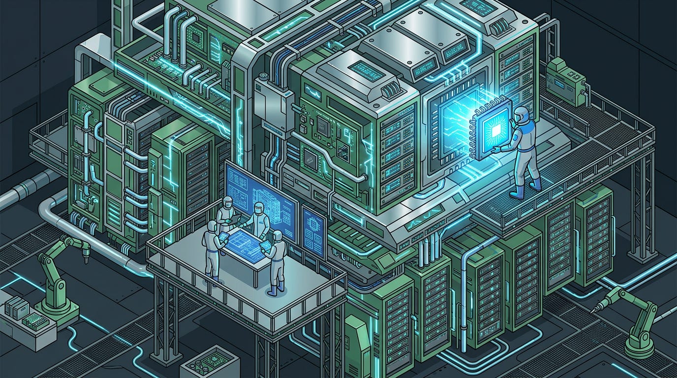 Flat isometric illustration of a giant semiconductor assembly line where engineers are fitting a glowing accelerator chip into the final empty slot of a massive AI supercomputer, surrounding infrastructure already completed and connected, small figures studying blueprints while energy begins flowing through the finished machine, metallic green, silver and electric blue color palette, clean vector art style, dark background, modern tech editorial aesthetic