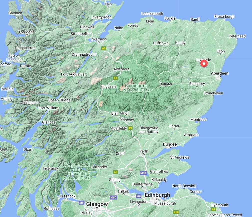 Map of Scotland showing the location of Inverurie in Aberdeenshire