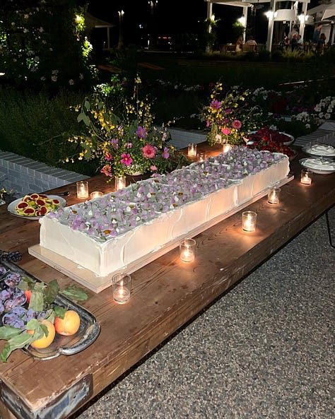 photo of greg and rachel coming down aisle, photo of large cake that's 4 feet long, and photo of rachel and greg with their dogs at wedding