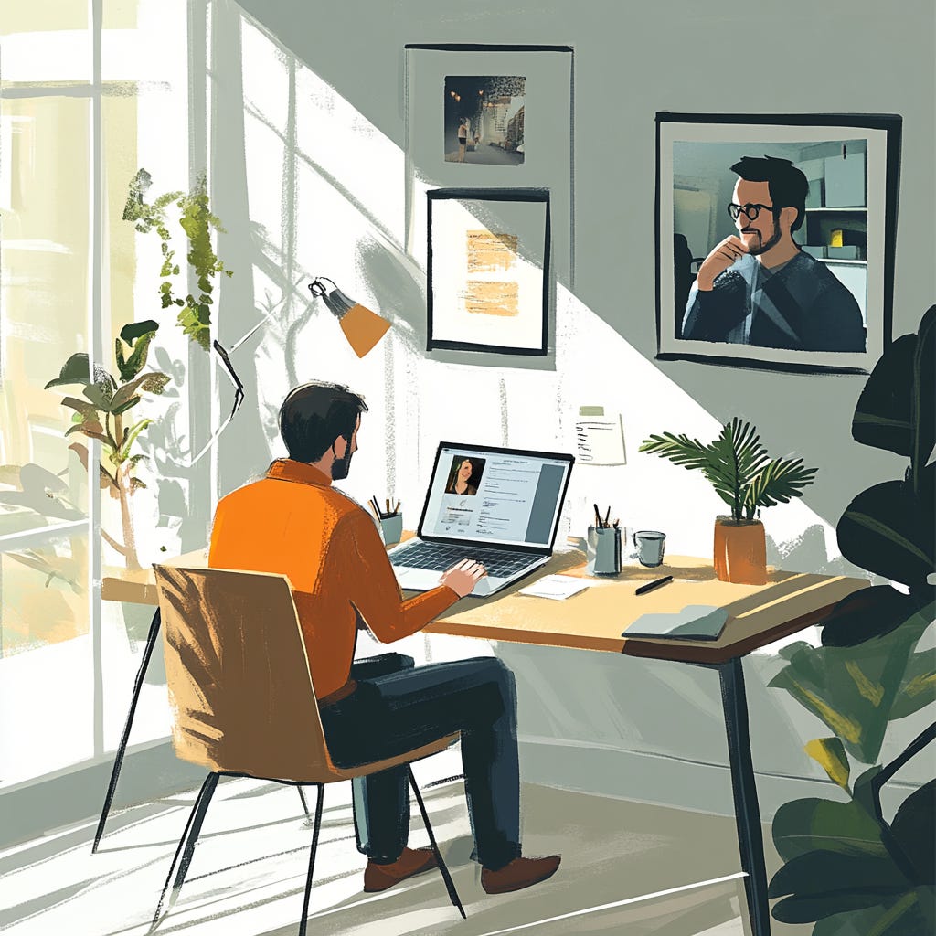 An office space with a person working at a comfortable desk with a laptop at home while video conferencing with colleagues in an office setting, bright natural lighting