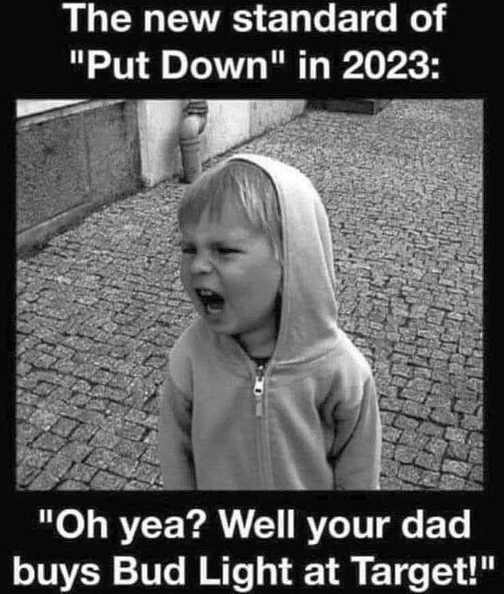 May be an image of 1 person and text that says 'The new standard of "Put Down" in 2023: "Oh yea? Well your dad buys Bud Light at Target!"'