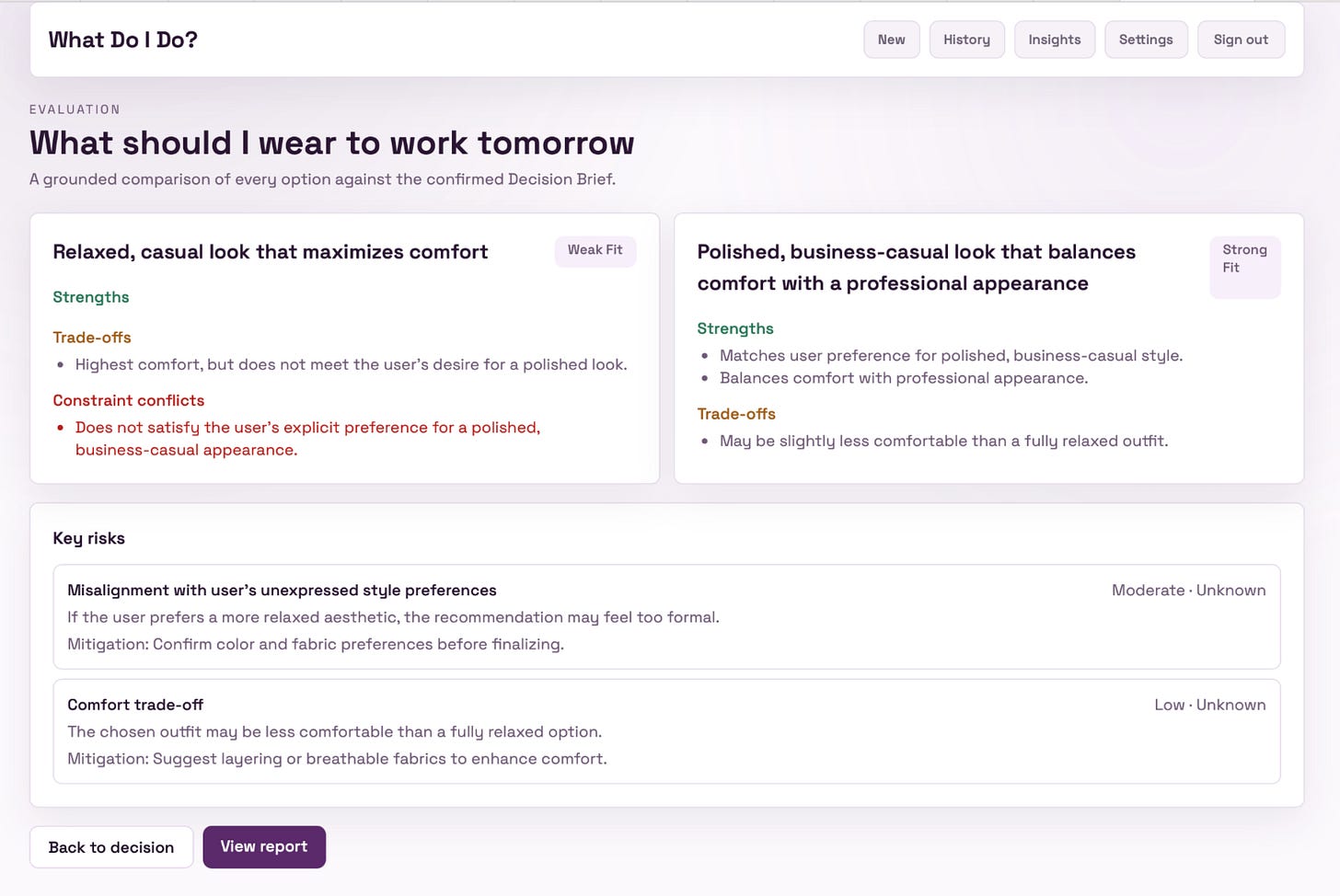 Evaluation dashboard comparing two outfit choices for work: a relaxed, casual look emphasizing comfort and a polished, business-casual look balancing comfort with professionalism. Includes strengths, trade-offs, and key risks associated with each option.