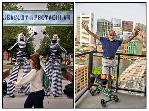 Seaport Spectacular Celebration in 2024 and David Rosen in a boot on a knee roller on the balcony on 14th floor