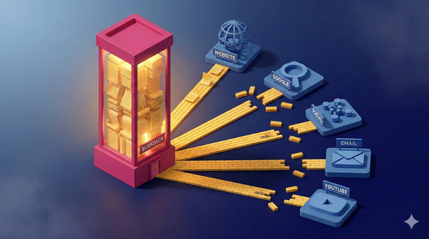 3D isometric map of a glowing Substack tower with golden brick pathways radiating outward to Website, Google, Social, Email,