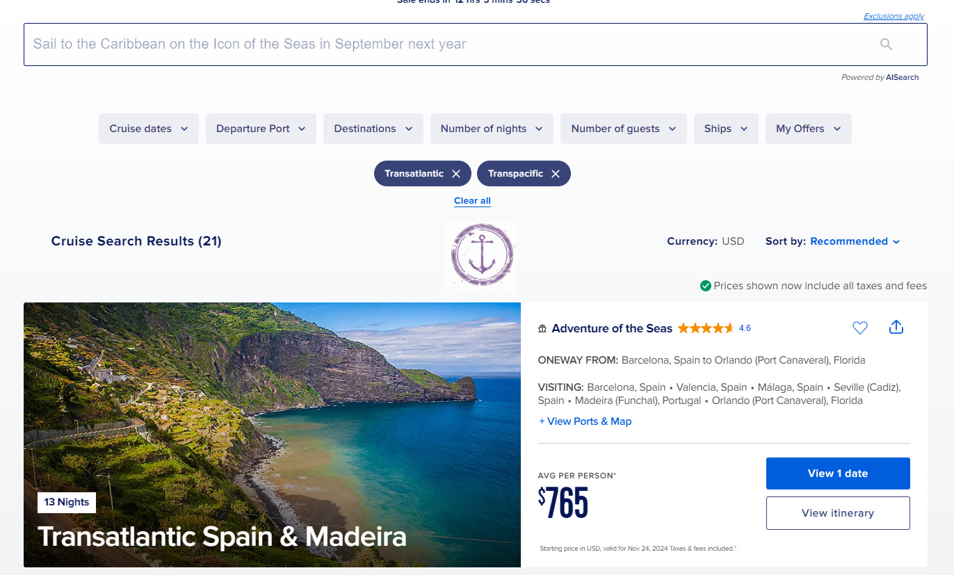 a screen shot of shopping for a transatlantic or transpacific cruise on Royal Caribbean's website. a screen shot of shopping for a transatlantic or transpacific cruise on Royal Caribbean's website.