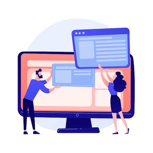 Website interface development planning. Develops team flat characters working. UI, UX, content design. Computer software creation and web development concept illustration