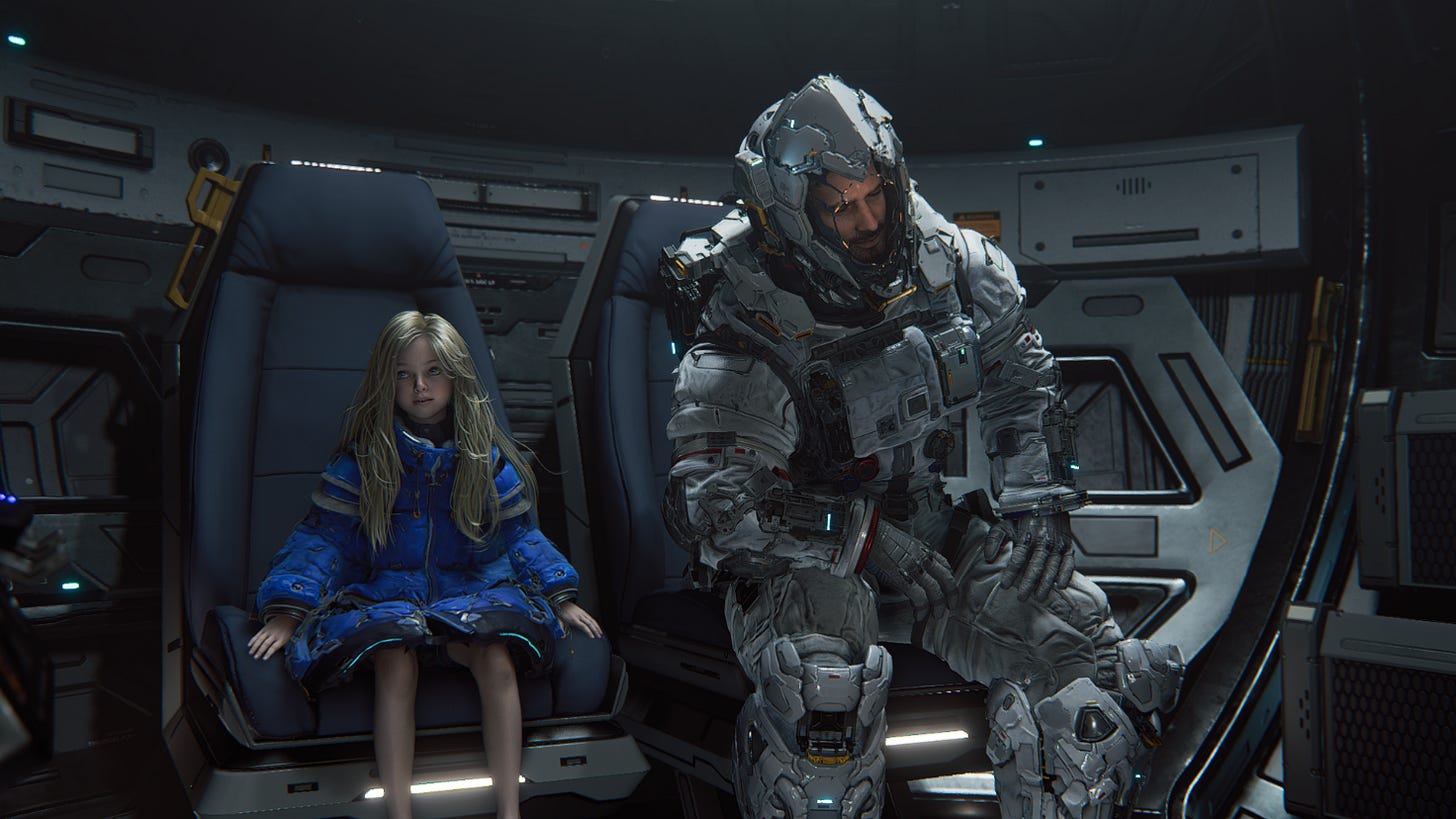 General 1920x1080 Pragmata video games Capcom children Diana (Pragmata) sitting Hugh (Pragmata) spacesuit video game characters CGI video game art screen shot video game girls blonde video game men beard blue eyes looking away parted lips messy hair