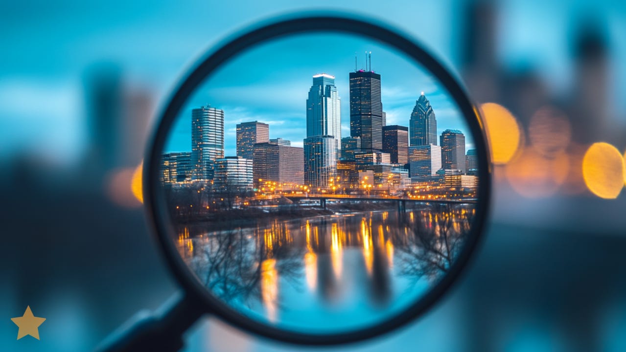 Image of the Minneapolis skyline as seen through a magnifying glass Image of the Minneapolis skyline as seen through a magnifying glass