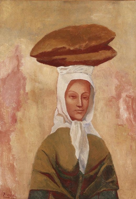 Picasso's Woman with Loaves: a woman in a white headscarf balancing two large loaves of bread on her head