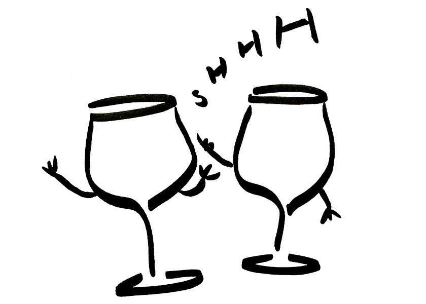 One anthropomorphic wine bottle shhh'ing another