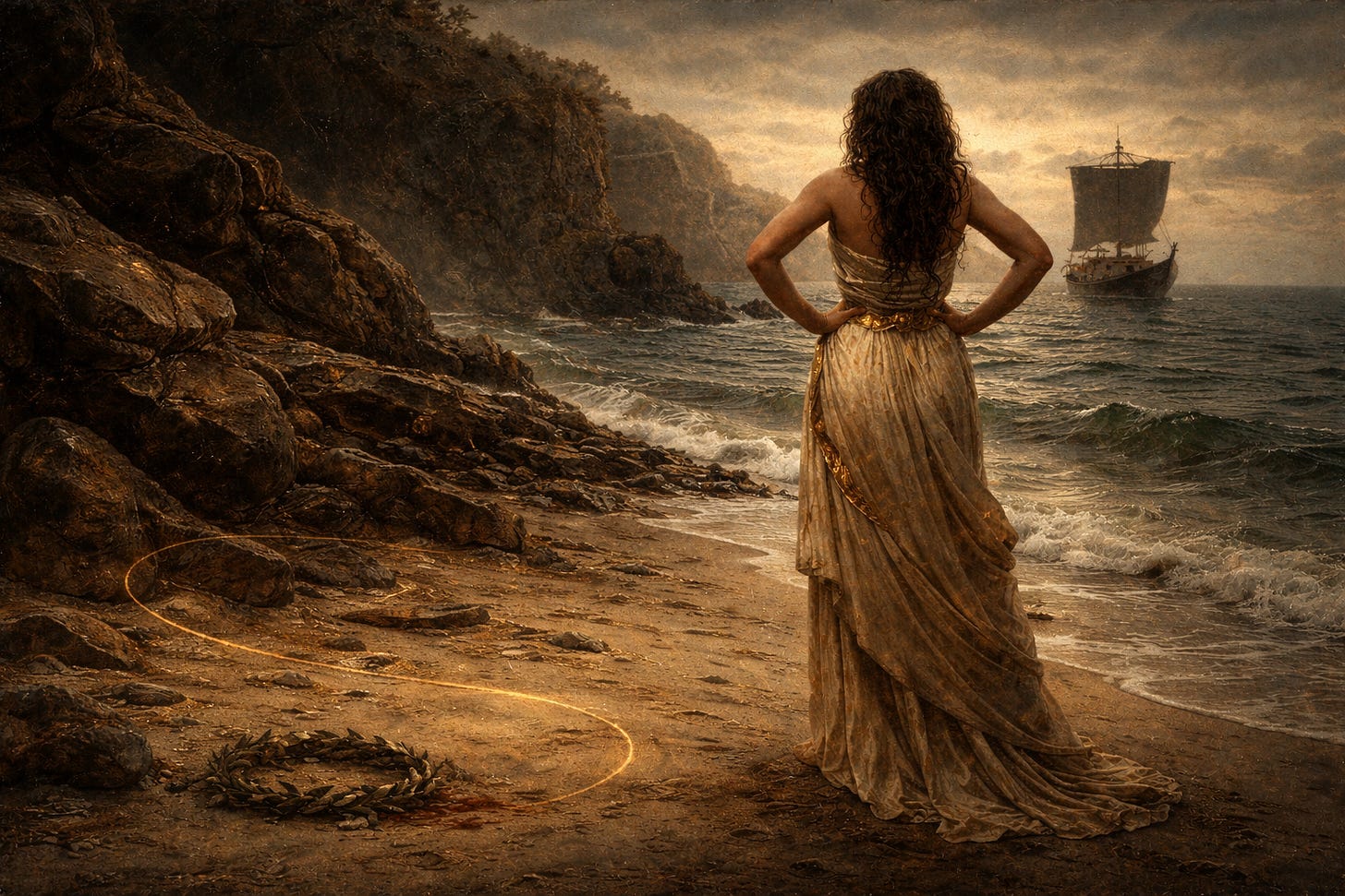 A cinematic oil-style painting shows a woman standing on a rocky shoreline at dusk, viewed from behind as she faces the sea. She wears a flowing ivory and gold dress that moves in the ocean wind, her dark curly hair cascading down her back. In the distance, a single-masted ship sails away across choppy water. A thin golden thread glows faintly across the sand, looping near a laurel wreath at her feet and trailing toward the shoreline. The scene is lit with warm, muted light against dark cliffs, creating a dramatic and contemplative atmosphere. A cinematic oil-style painting shows a woman standing on a rocky shoreline at dusk, viewed from behind as she faces the sea. She wears a flowing ivory and gold dress that moves in the ocean wind, her dark curly hair cascading down her back. In the distance, a single-masted ship sails away across choppy water. A thin golden thread glows faintly across the sand, looping near a laurel wreath at her feet and trailing toward the shoreline. The scene is lit with warm, muted light against dark cliffs, creating a dramatic and contemplative atmosphere.