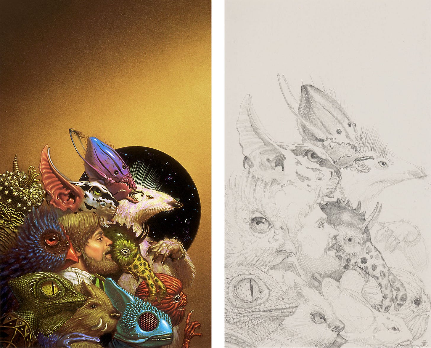 Cover painting and pencil study presented side-by-side. A group of aliens surround a bearded human as they strike a pose for a group photo. The aliens resemble Earth animals ranging from lizards, birds, and fish to more wildly imagined creatures.