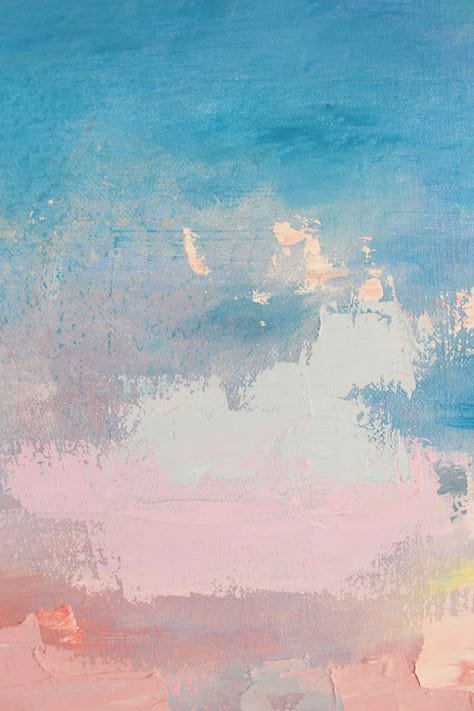 Series of oil paintings by Julia Bethan, blues, pinks and whites. Paintings are abstract oils of landscapes and stars.