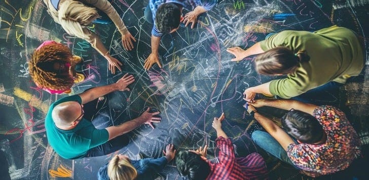 A group of people collaboratively drawing and brainstorming ideas on a floor covered in chalk.