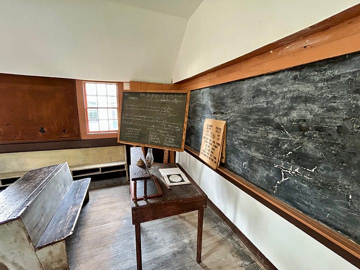 building, church, chalkboard, desks