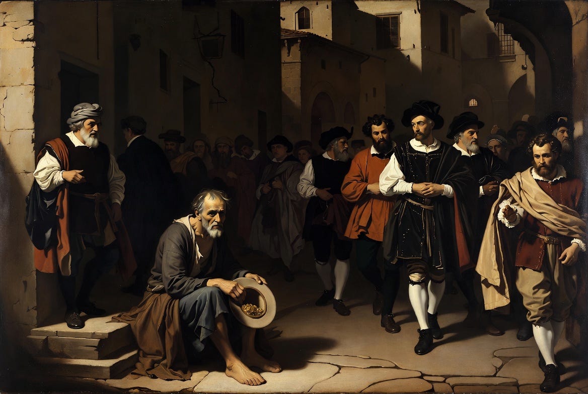 A Caravaggio-style painting of a beggar on a 14th-century Florence street, ignored by wealthy merchants.
