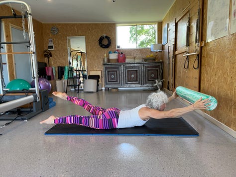 nine photos with a white haired woman in exercise clothing doing each of the Pilates exercises listed in the email