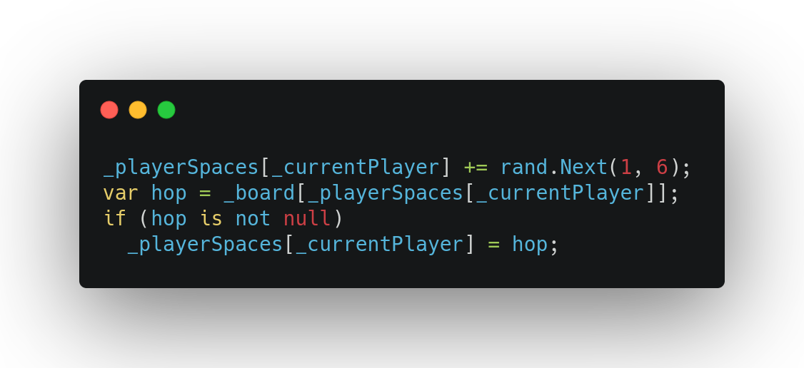 Code that increments a value in an array, reads a value from another array, performs a null check, and assigns a non-null value to the item in the array