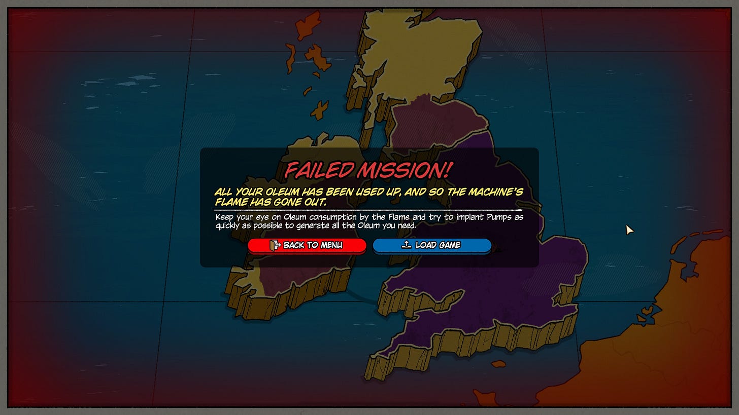 A screenshot of the game The Fabulous Fear Machine showing a FAILED MISSION screen, where the player failed to keep the Machine's flame with Oleum.