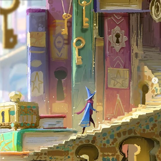 A wizard in a blue robe climbs a stone staircase lined with oversized, colorful books. Keys and lock designs adorn the books. Mystical mood. A wizard in a blue robe climbs a stone staircase lined with oversized, colorful books. Keys and lock designs adorn the books. Mystical mood.