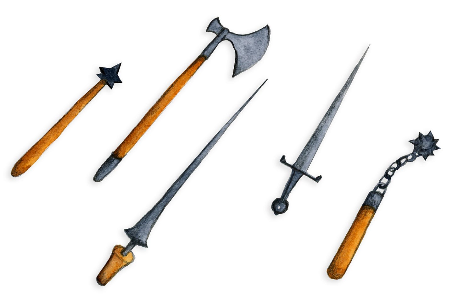 an illustration of a variety of medieval weapons
