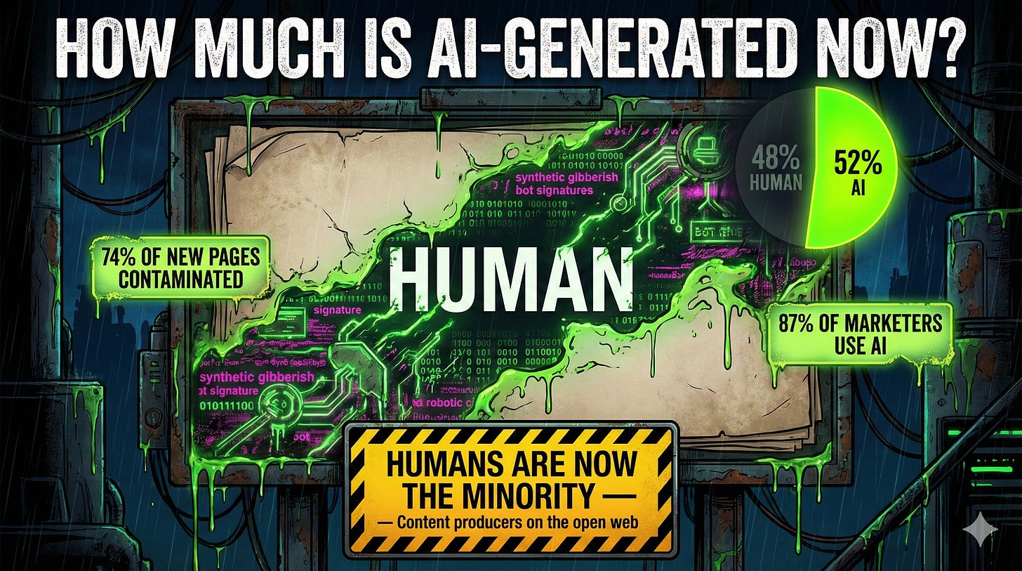 AI-generated content now exceeds 50% of web articles with 74% of new pages containing synthetic content as of 2025