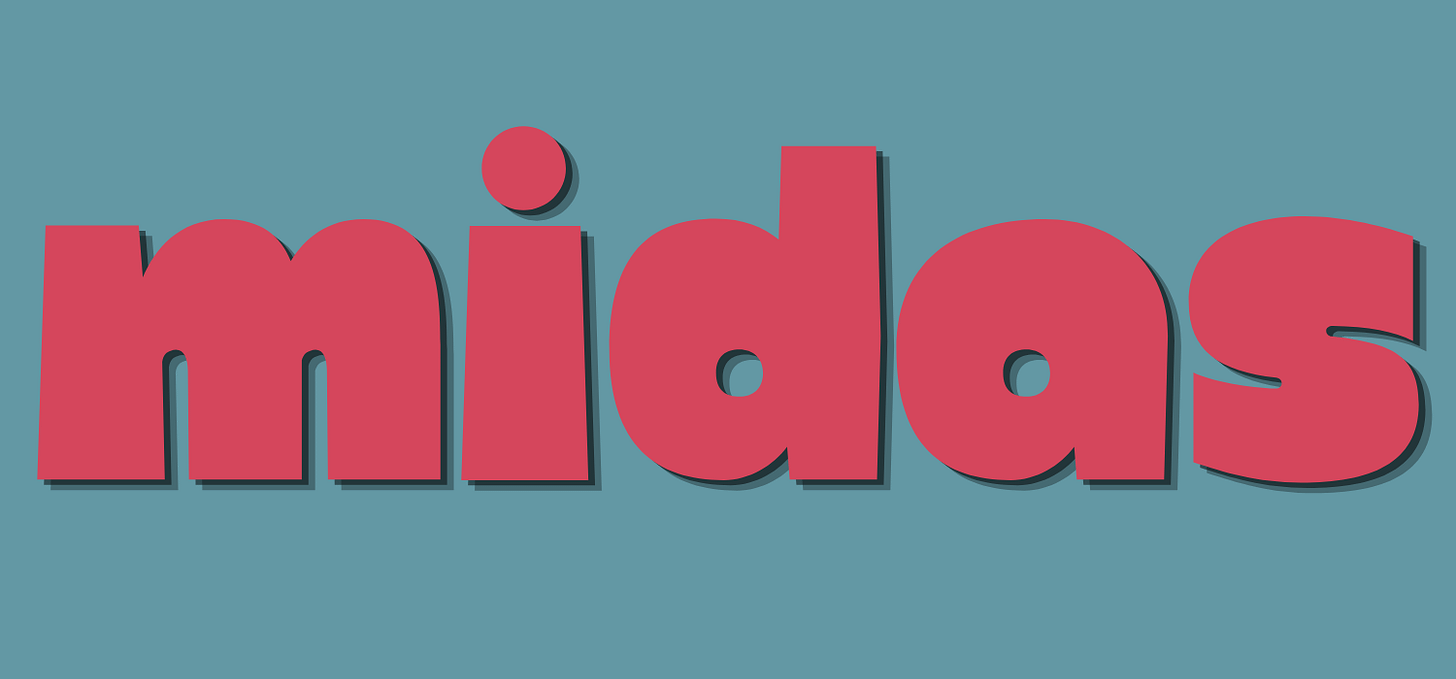 Midas, written in red font on blue background