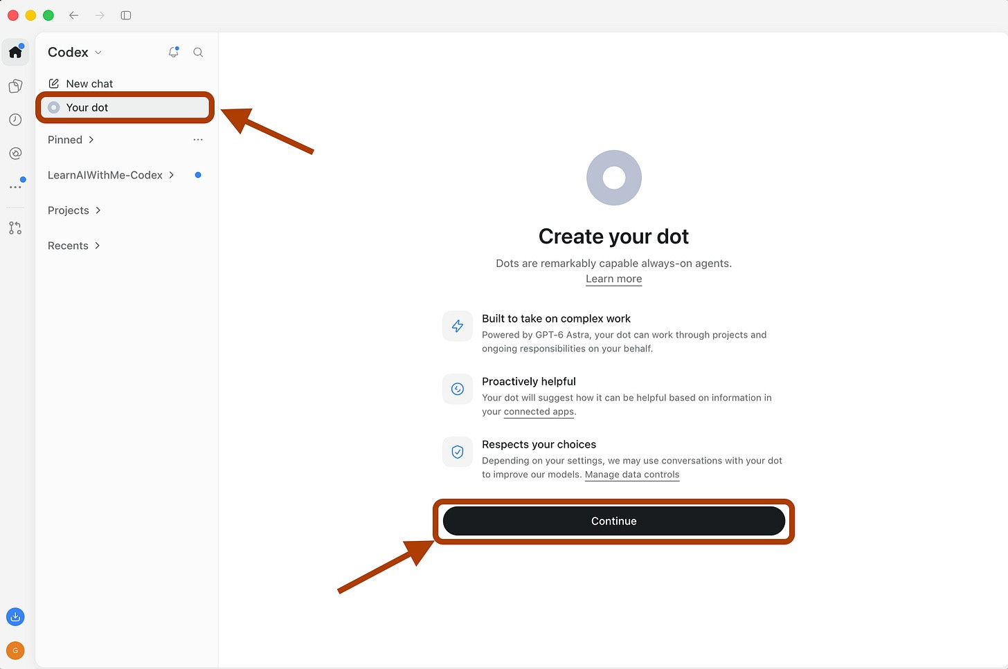 OpenAI Dots welcome screen with the Continue button