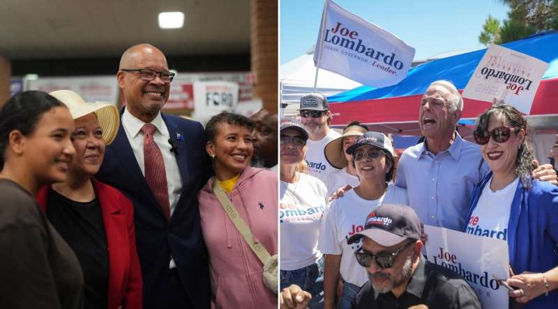 Attorney General Aaron Ford and Gov. Joe Lombardo with constituents at separate campaign events. Attorney General Aaron Ford and Gov. Joe Lombardo with constituents at separate campaign events.