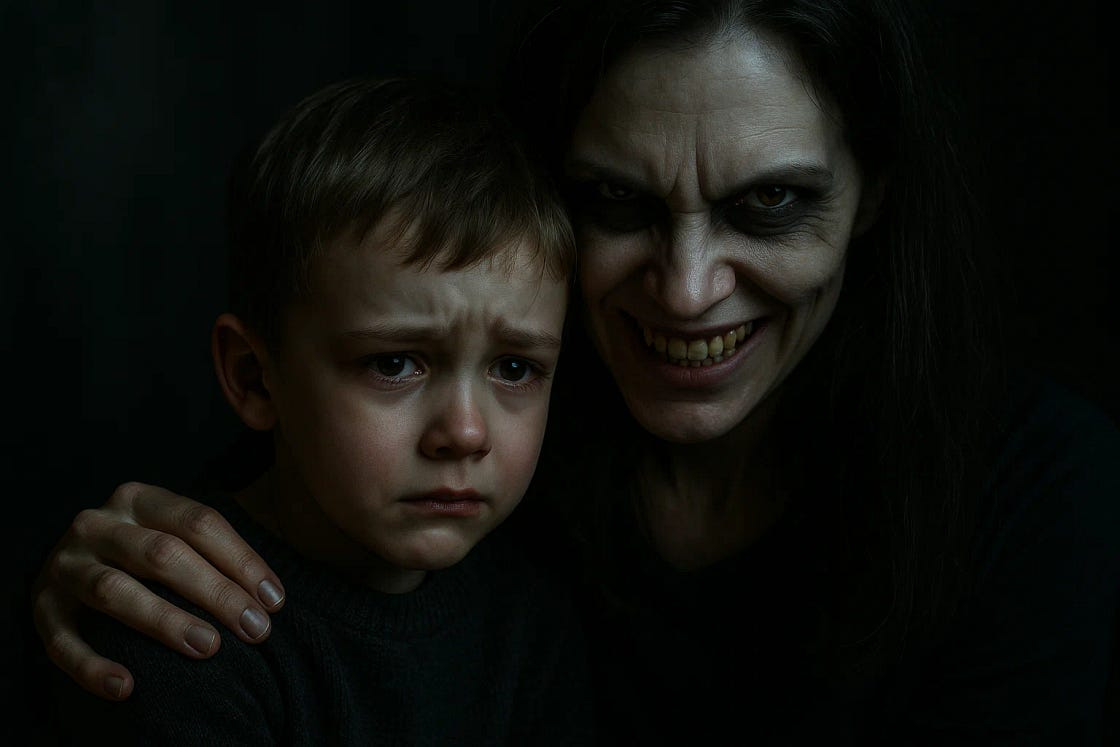 A frightened young boy with teary eyes sits in dim lighting while a sinister-looking woman with dark eye makeup and a menacing grin wraps her arm around his shoulder, creating a disturbing contrast between their expressions. A frightened young boy with teary eyes sits in dim lighting while a sinister-looking woman with dark eye makeup and a menacing grin wraps her arm around his shoulder, creating a disturbing contrast between their expressions.