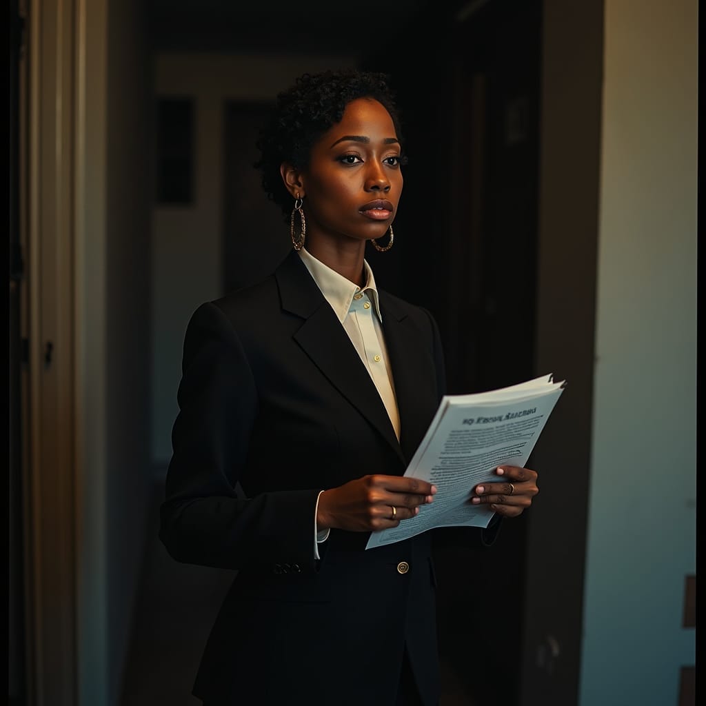 A Black real estate agent in Jamaica, dressed in professional attire, stands in a dimly lit, atmospheric Jamaican property, with a look of concern etched on her face, as she holds a disclosure document