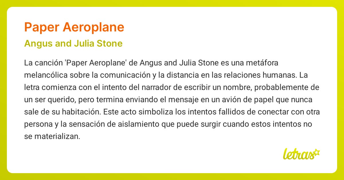 Significado de la canción PAPER AEROPLANE (Angus and Julia Stone) -  LETRAS.COM