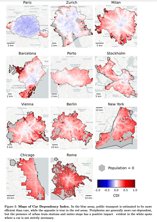 Titel: Car Dependency Index maps by city - Beschreibung: Figure 3 from the CDI paper: a grid of eleven small city maps (Paris, Zurich, Milan, Barcelona, Porto, Stockholm, Vienna, Berlin, New York, Chicago, Rome), each shaded on a blue-white-red scale from −1.0 to 1.0 showing the Car Dependency Index by hexagonal grid cell. Paris is almost entirely blue, Zurich mixed blue-white, and the rest predominantly red, with white streaks along metro and rail lines. A legend marks grey hexagons as zero-population areas. Titel: Car Dependency Index maps by city - Beschreibung: Figure 3 from the CDI paper: a grid of eleven small city maps (Paris, Zurich, Milan, Barcelona, Porto, Stockholm, Vienna, Berlin, New York, Chicago, Rome), each shaded on a blue-white-red scale from −1.0 to 1.0 showing the Car Dependency Index by hexagonal grid cell. Paris is almost entirely blue, Zurich mixed blue-white, and the rest predominantly red, with white streaks along metro and rail lines. A legend marks grey hexagons as zero-population areas.