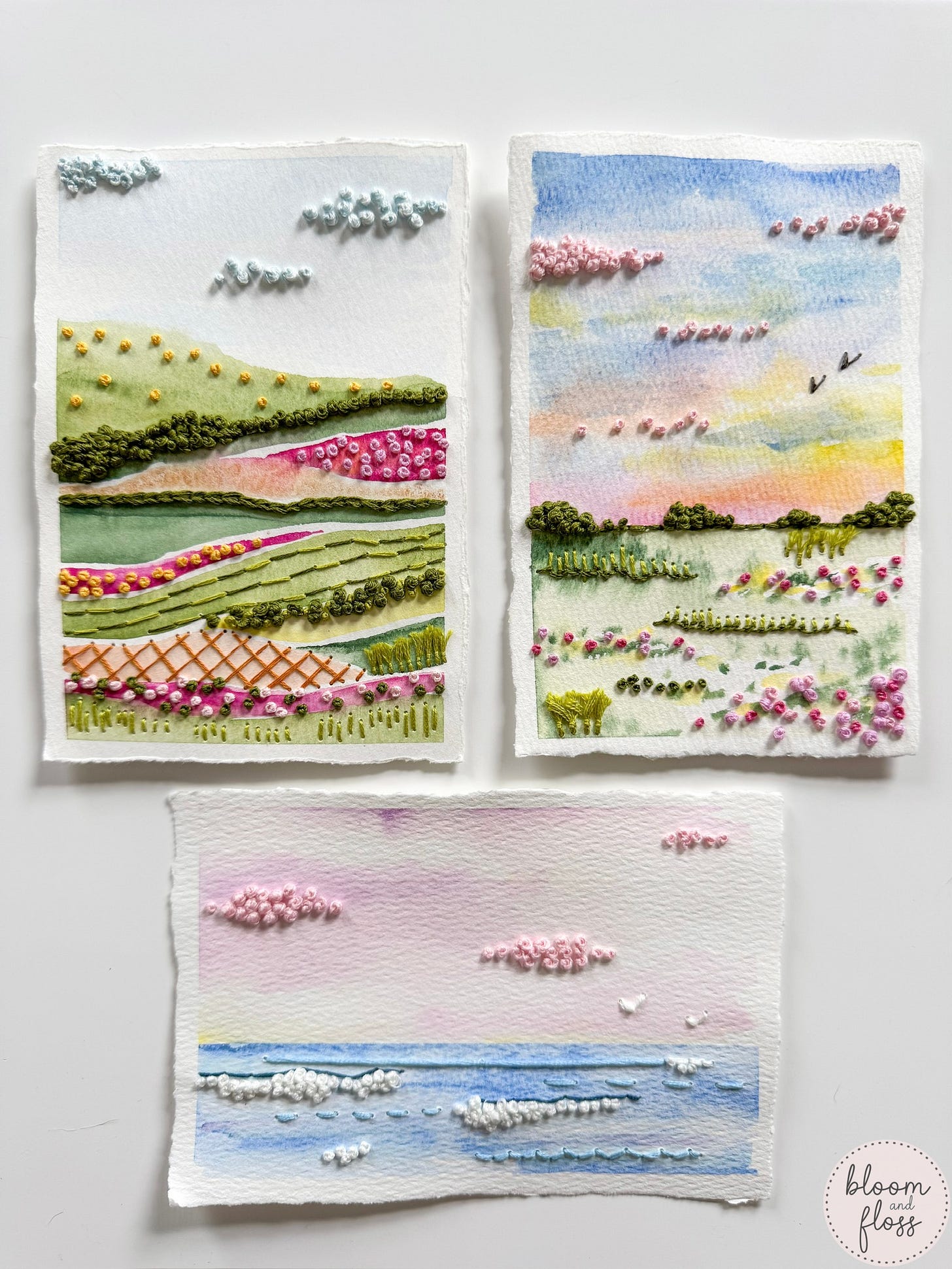 embroidered watercolor paintings by Bloom and Floss embroidered watercolor paintings by Bloom and Floss