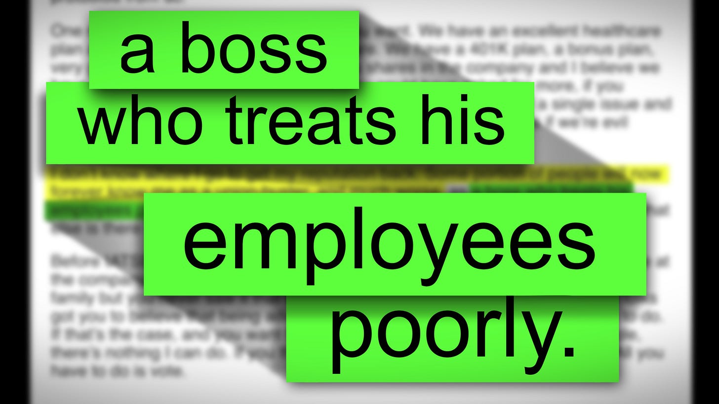 large black text highlighted in bright green reading "a boss who treats his employees poorly" above a background of a blurred image of union-busting emails sent by Cenk Uygur to unionizing workers large black text highlighted in bright green reading "a boss who treats his employees poorly" above a background of a blurred image of union-busting emails sent by Cenk Uygur to unionizing workers